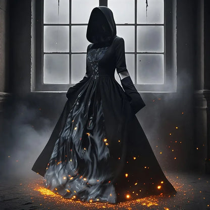 Halloween Witch Dress Hooded Skull Witch Mage Cosplay Stage Costume