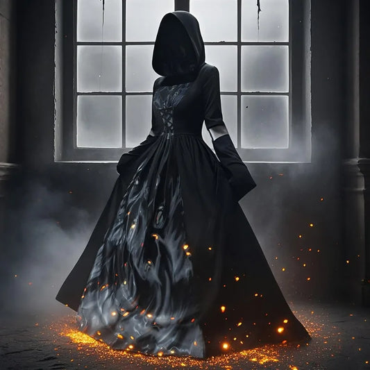 Halloween Witch Dress Hooded Skull Witch Mage Cosplay Stage Costume