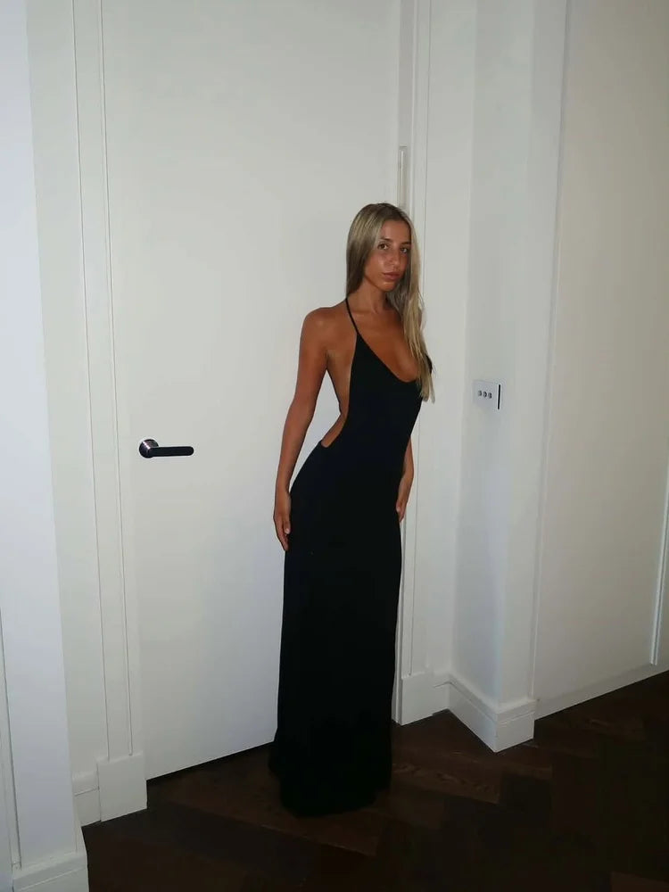 Backless Maxi Dress Open Back Spaghetti Strap Gold Ring Evening Party Gown Summer Beach Dress