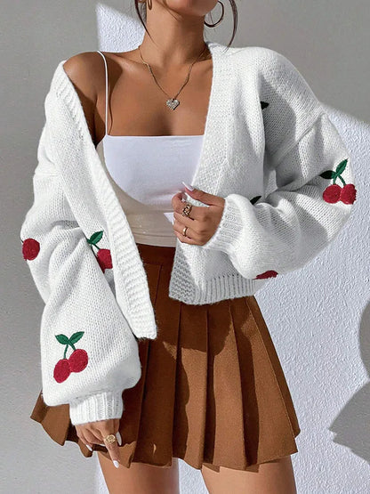 Women Loose Fit Heavyweight Knit Cardigan Cartoon Embroidered Winter Jacke