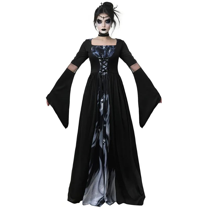 Halloween Witch Dress Hooded Skull Witch Mage Cosplay Stage Costume