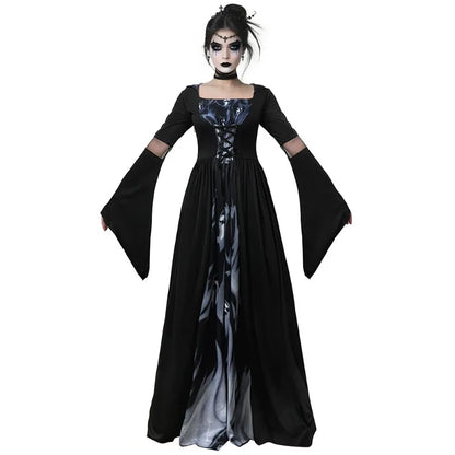 Halloween Witch Dress Hooded Skull Witch Mage Cosplay Stage Costume