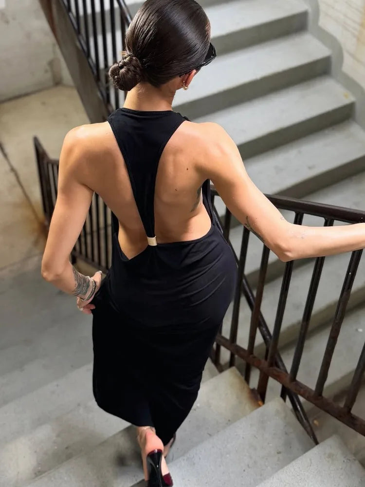 Backless Maxi Dress Open Back Spaghetti Strap Gold Ring Evening Party Gown Summer Beach Dress