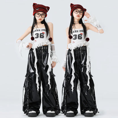 Costumes Girls Kpop Stage Performance Wear Black Bright Leather Shuffle Pants White