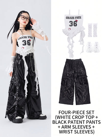 Costumes Girls Kpop Stage Performance Wear Black Bright Leather Shuffle Pants White